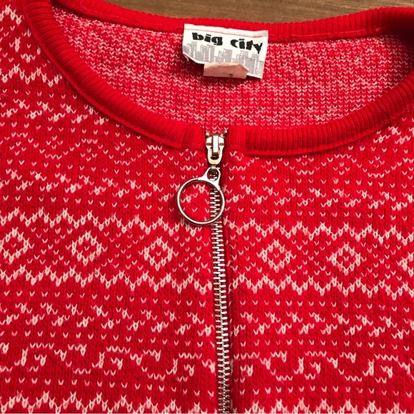 Vintage knit zip up crewneck sweater bright red white semi cropped Big City - Picture 2 of 8